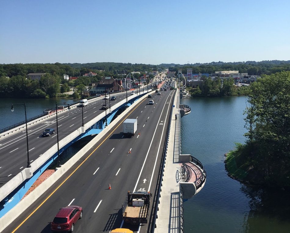 An aerial shot of Burns Bridge in Worcester, MA